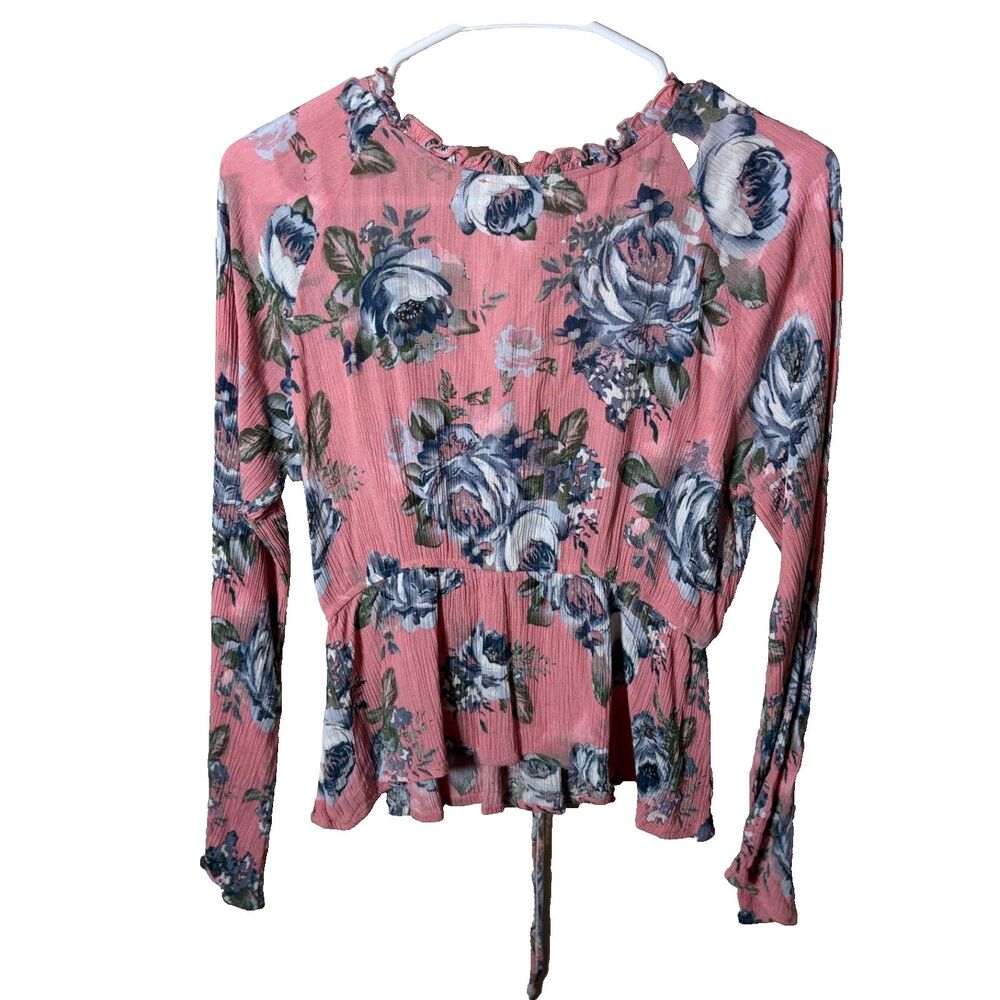 American Rag Cie Blouse Women's Small Floral Ruffle V-Neck Tie Casual Top - Picture 2 of 7